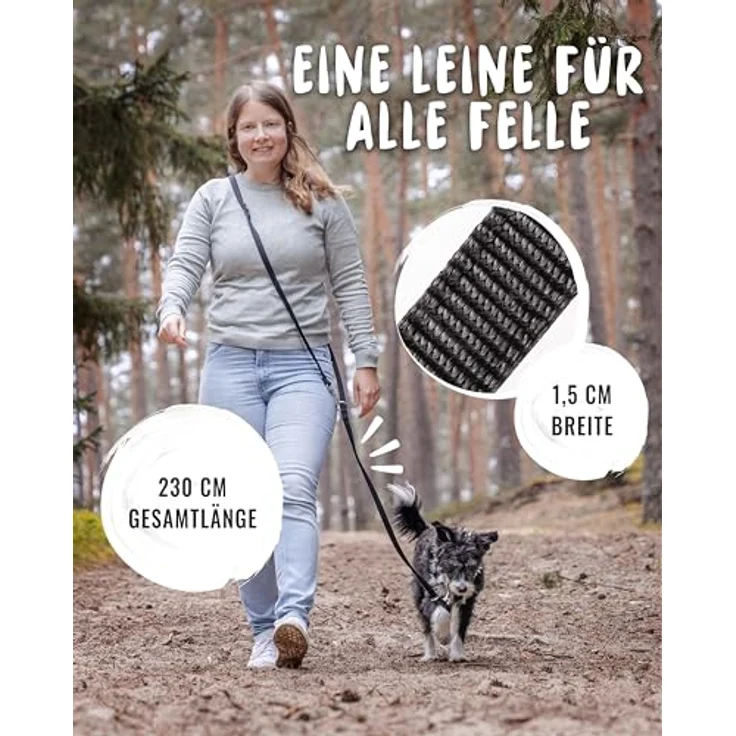 Rudelkönig Führleine Bella, 2,30m verstellbare gepolsterte Hundeleine für kleine Hunde, schwarz, leicht und robust – Bild 3