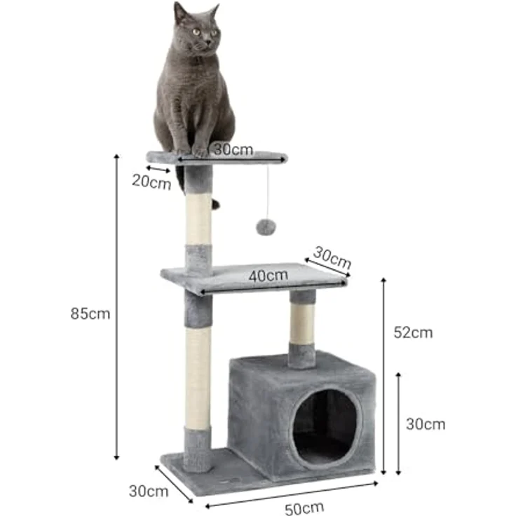 lionto Kratzbaum Katzenkratzbaum Höhe 85 cm, hellgrau mit kuscheliger Höhle und robustem Sisal – Bild 5