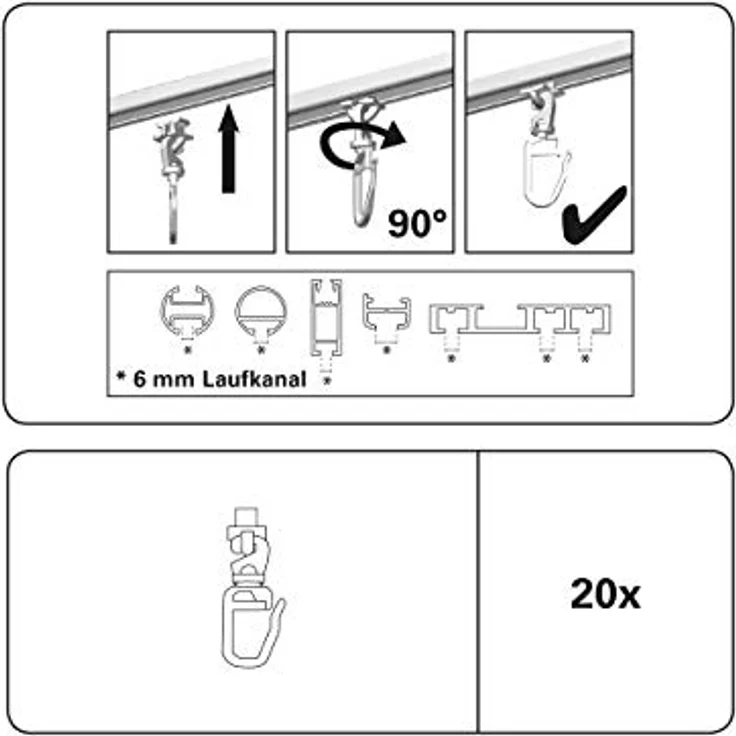 GARDINIA Drehgleiter für Aluminiumschienen / Gardinenstangen mit 6 mm Laufkanal, Mit Gardinenhaken (Faltenlegehaken), 20 Stück, Kunststoff, Weiß – Bild 4