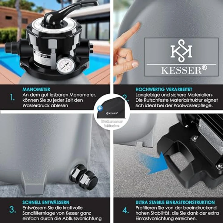 KESSER Sandfilter Sandfilteranlage + 700g Filterbälle ersetzen 25kg Filtersand- Poolfilter 10 m³-h Filteranlage Filterkessel für Pool Schwimmbecken 4-Wege Ventil , einfache Steuerung Grau – Bild 5