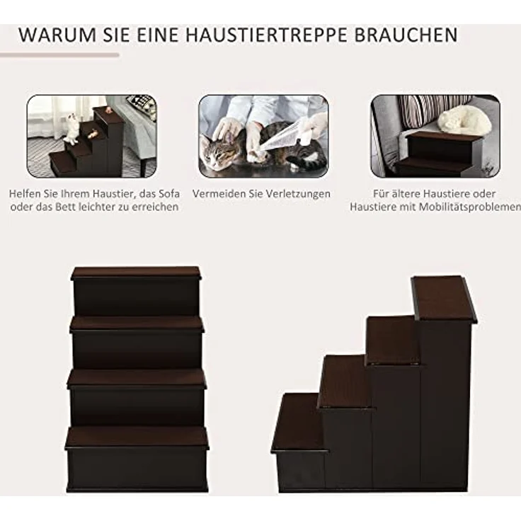 PawHut Haustiertreppe 4-stufige Hundetreppe Katzentreppe Einstiegshilfe mit Rutschfester Matte Haustierleiter für Auto Bett Sofa MDF Dunkelbraun 40 x 59 x 54,2 cm – Bild 4