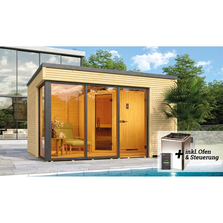 Weka Design-Saunahaus 'Cubilis' mit Sauna Varberg 3 und 7,5 kW BioS-Ofenset, Steuerung 380 x 300 x 249 cm, Gartensauna in modernem Design, inkl. Sparset und digitaler Systemsteuerung, Weka