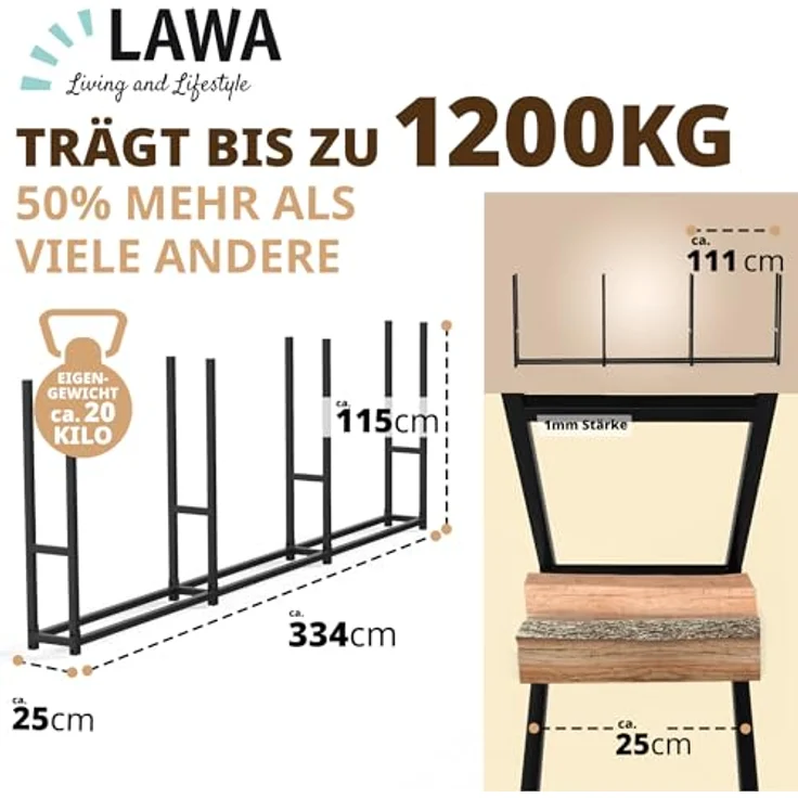 LAWA Living and Lifestyle Kaminholzregal außen, schmal 25 cm tief, verzinkt, 335x25x115 cm, Stapelhilfe für 25-33 cm Scheite, Schwarz, stabil und witterungsbeständig – Bild 2