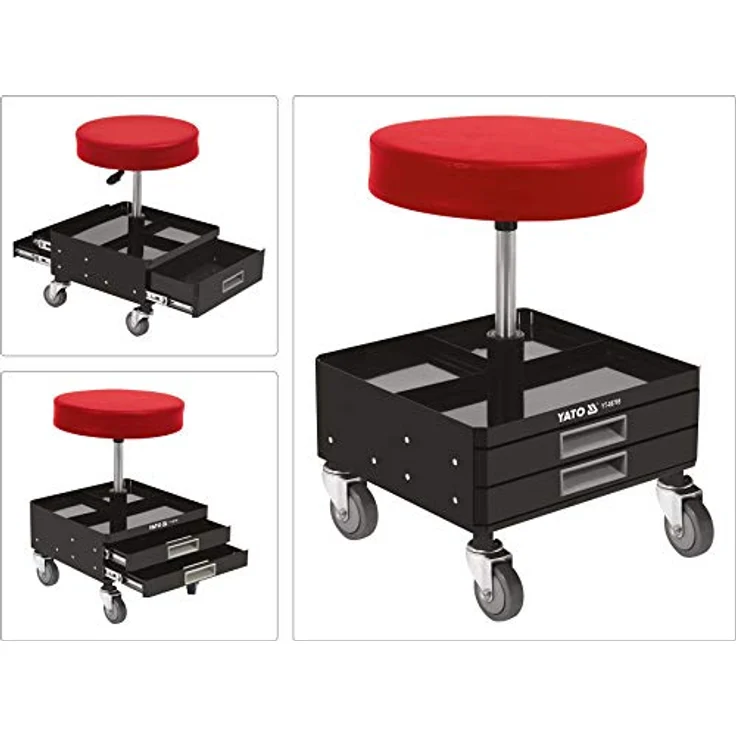 YATO Profi XXL Werkstatthocker, höhenverstellbar 450-560 mm, 3 Stahlschubladen, schwenkbar 360°, 4 Gummiräder, stabile Stahlkonstruktion, Tragfähigkeit 150 kg – Bild 2