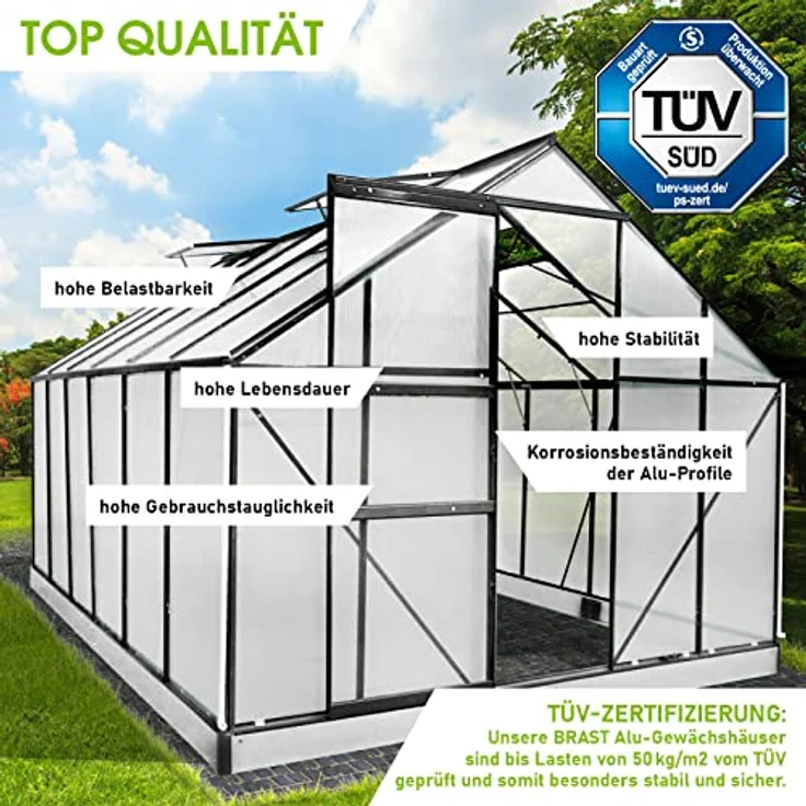 BRAST Gewächshaus Aluminium mit Fundament, TÜV geprüft, 6mm Hohlkammerplatten, rostfrei, wetterfest, temperaturbeständig, 380x250x205cm, grau – Bild 3