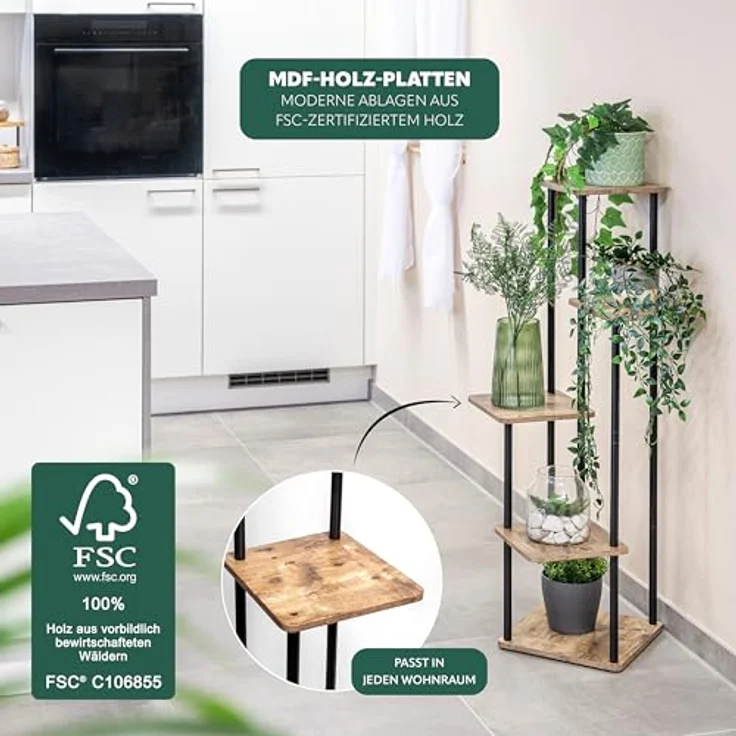 eluno Blumenständer Blumenregal, 5 Ablagen aus FSC-zertifiziertem MDF-Holz und schwarzem Metall, max. 5 kg pro Platte, höhenverstellbare Standfüße, 56,5 x 30 x 107 cm – Bild 3