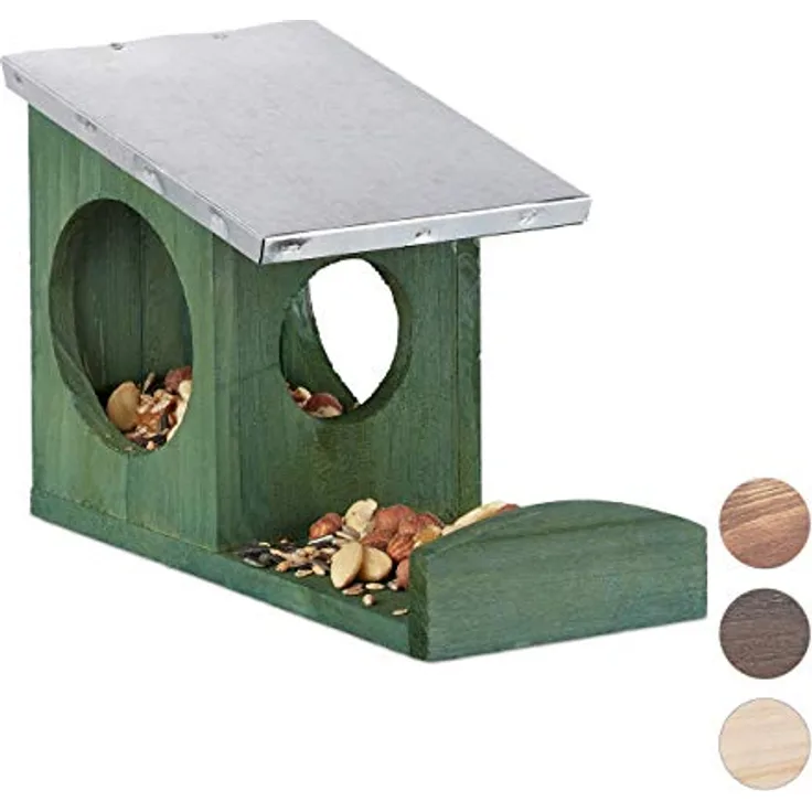 Relaxdays Eichhörnchen Futterhaus, Kobel aus Holz, wetterfestes Metall Dach, zum Aufhängen, Garten Futterstation, grün