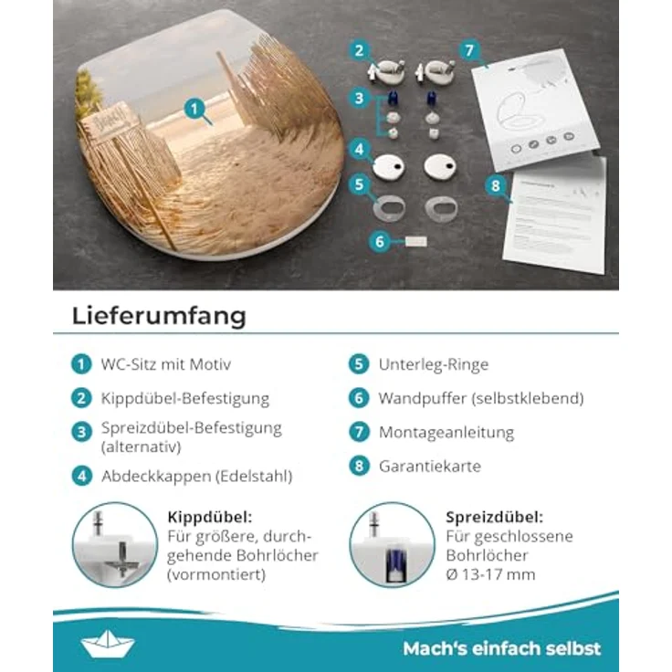Calmwaters WC Sitz Motiv Sandstrand, Absenkautomatik, 2 Montage Optionen, antibakterieller Duroplast, 250 kg Tragkraft – Bild 8