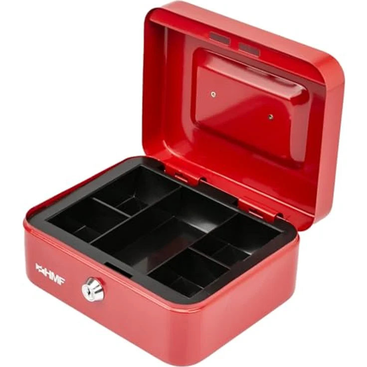 HMF Geldkassette abschließbar, Kasse mit 5 Münzfächern, herausnehmbarer Münzeinsatz, 20 x 16 x 9 cm, Rot – Bild 1