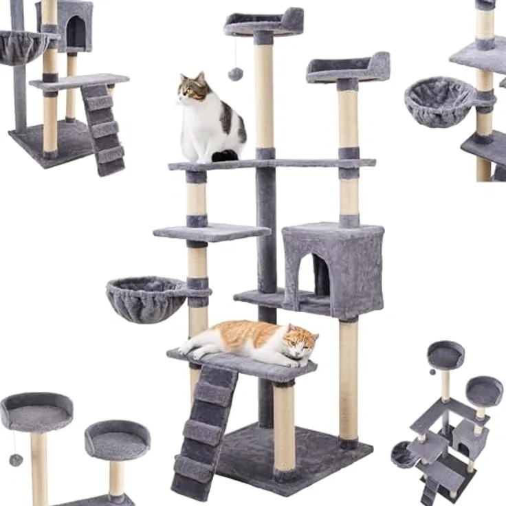 Ecosa® XXL Katzen Kratzbaum 170 cm, stabiler Kletterturm mit 9 Kratzsäulen, 6 Plattformen, Katzenhöhle, Hängematte und Spielball