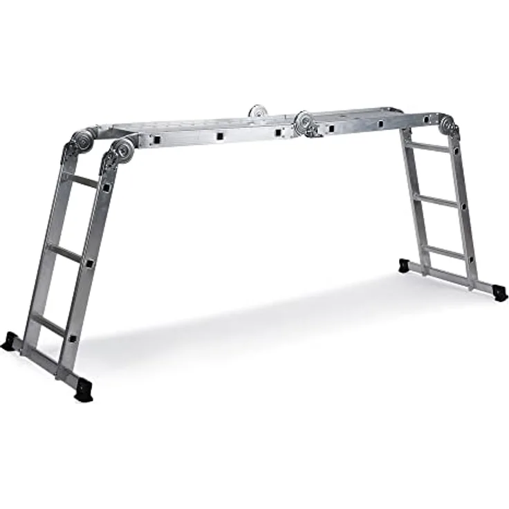 hjh OFFICE 801202 Mehrzweckleiter 12 Stufen mit 2 Gerüstplatten SOLID W3 Aluminium 345cm Gelenkleiter bis 150kg belastbar, Silber