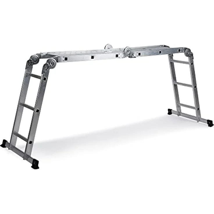 hjh OFFICE 801202 Mehrzweckleiter 12 Stufen mit 2 Gerüstplatten SOLID W3 Aluminium 345cm Gelenkleiter bis 150kg belastbar, Silber – Bild 1