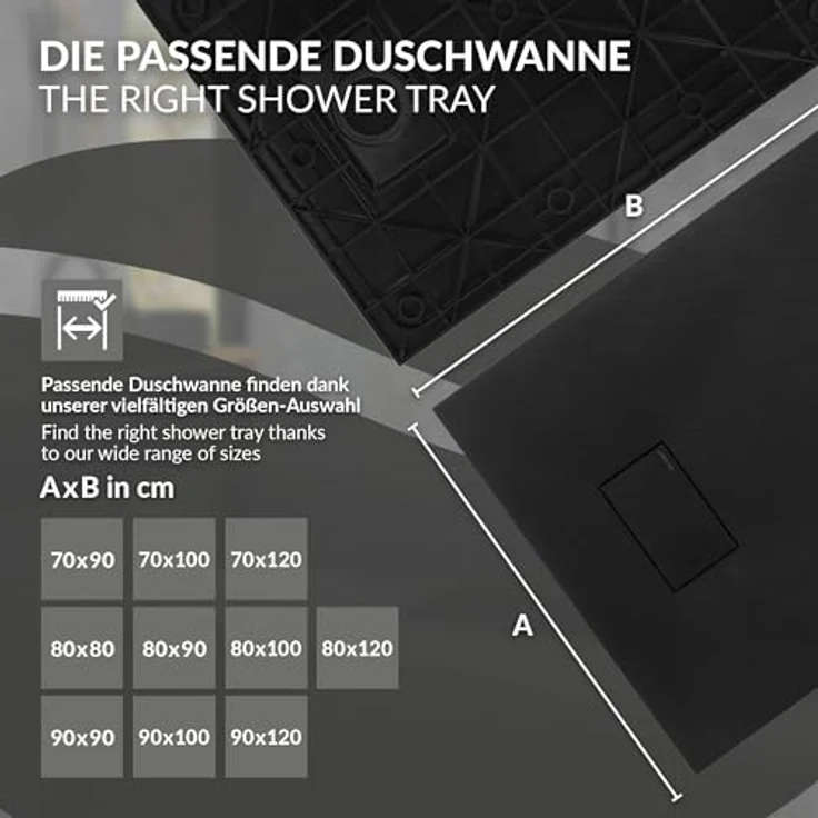 LuxeBath Duschwanne 100x70 cm Schwarz mit rutschfester Oberfläche und Ablaufgarnitur aus SMC, Höhe 3 cm – Bild 5