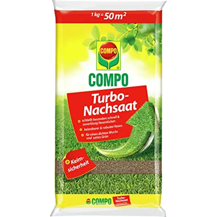 Compo Turbo Nachsaat, Rasensamen, Schließt schnell Lücken, Keimsicherheit, 1 kg, 50 m²