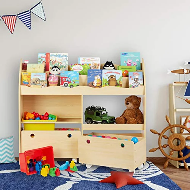 Relaxdays Kinderregal, Spielzeug Aufbewahrung, Kunststoff Boxen, Bücherregal, MDF, HxBxT: 88 x 108 x 29 cm, Holzoptik, Beige – Bild 2