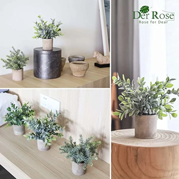 Der Rose 3 Stück Mini-Topfpflanzen, künstliche Eukalyptus-Pflanzen aus Kunststoff, für Zuhause, Büro, Schreibtisch, Bauernhaus, Raumdekoration – Bild 3