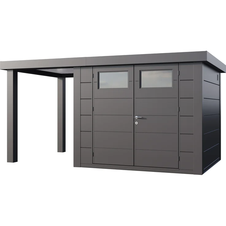 Telluria Metallgerätehaus Classico 2724, Gartenhaus mit 170 cm Seitendach granitgrau/anthrazit, Tür mit Plexiglas, isolierte Sandwichpaneelen, integrierte Dachrinne
