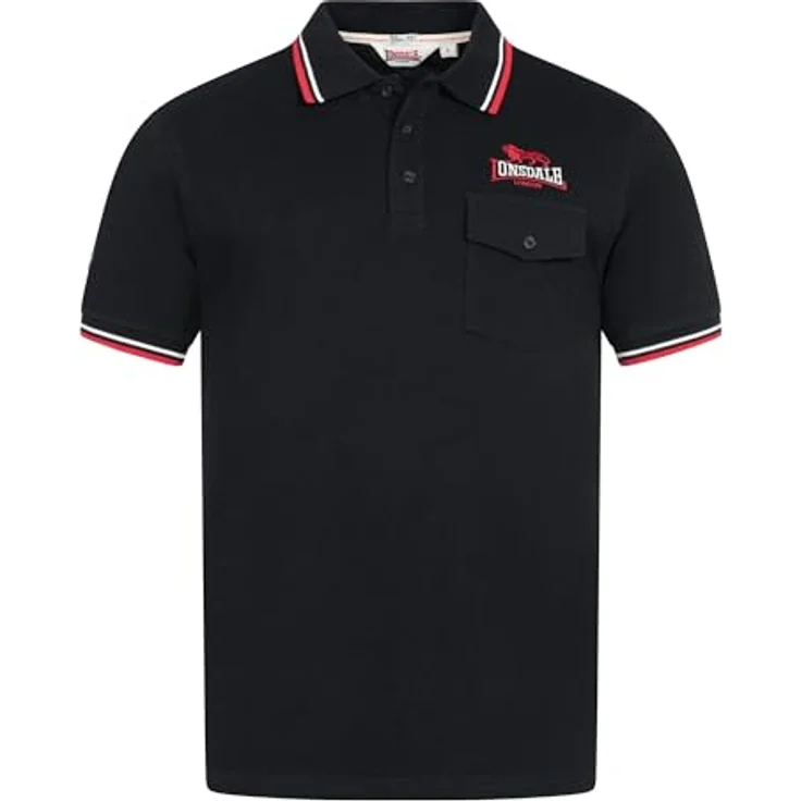 Lonsdale Poloshirt Lynton, Arbeitsshirt mit farblich abgesetzten Stickereien, gestreiften Bündchen und Brusttasche, schwarz – Bild 3