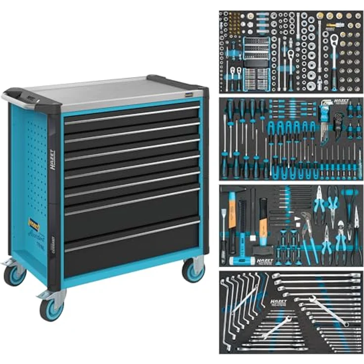 Hazet Werkstattwagen 179NXL-7, mobiler Werkzeugwagen mit 210-teiligem Sortiment, Edelstahl-Arbeitsfläche, 1200x800x1380 mm – Bild 1