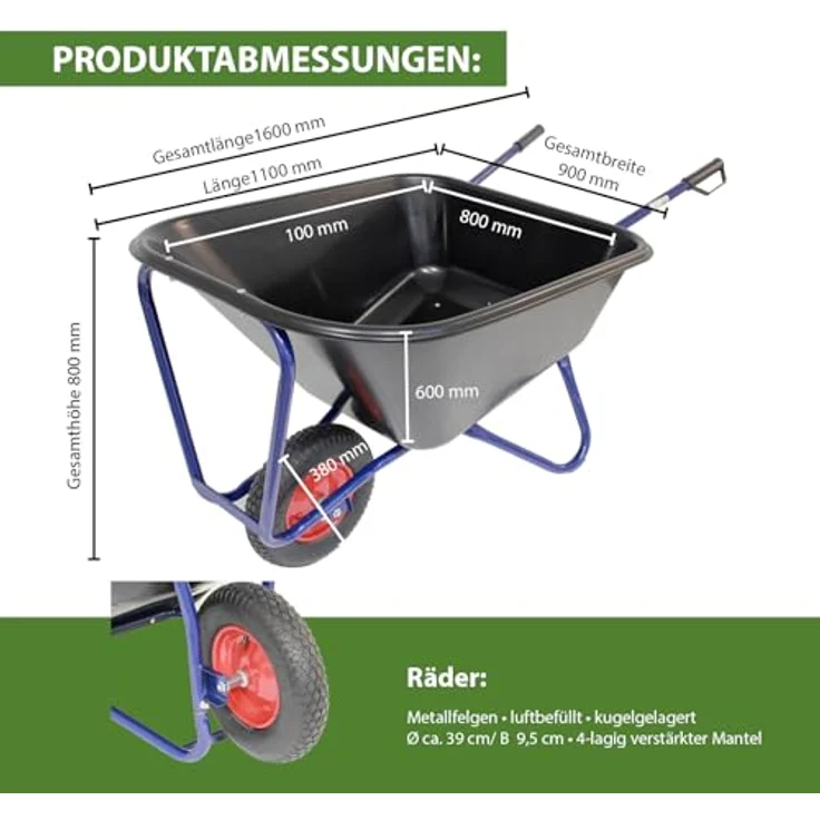 TRUTZHOLM Schubkarre 1-Rad 290L 300Kg Luftrad Metallfelge 156 x 89 cm Kunststoff, blau, stabiles Stahlgestell – Bild 6