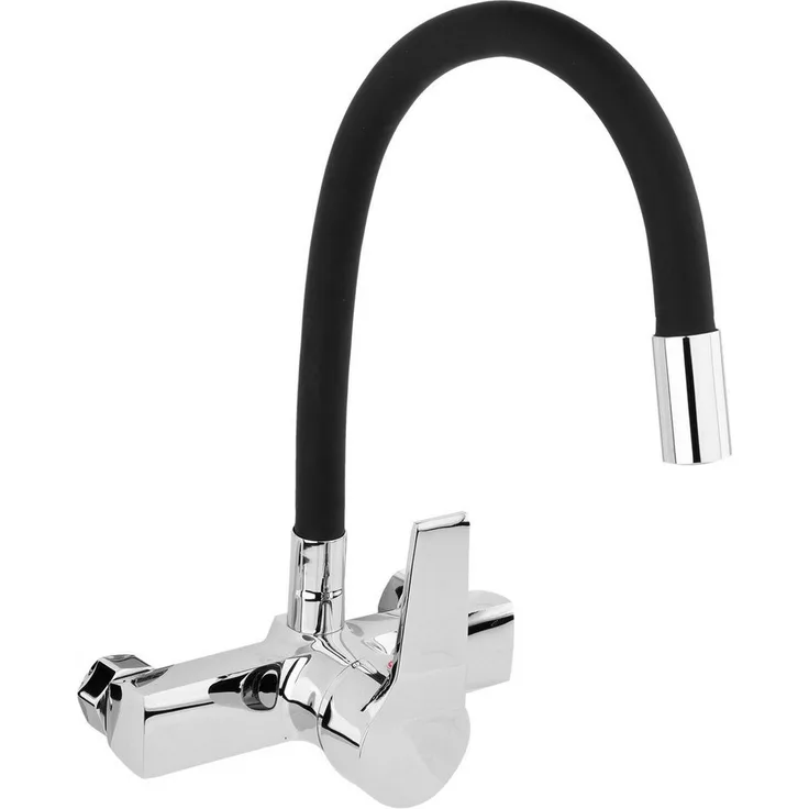 TRIZERATOP Flexible Küchenarmatur, Wandmontierte Mischbatterie mit Soft-Touch Silikon-Auslauf, schwarz, 2 Löcher, 150 mm Abstand