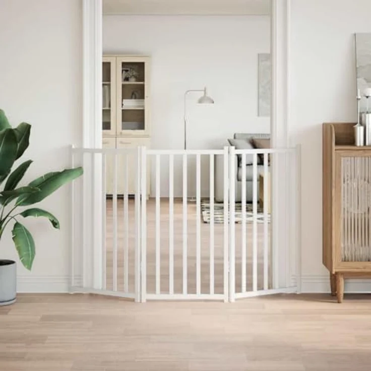 vidaXL Hundetor 3-TLG., Hundegitter Faltbar Pflegeleicht, Schutzgitter für Wohnzimmer Küche Treppe, Haustiertor Türschutzgitter, Weiß Massivholz Tanne – Bild 4