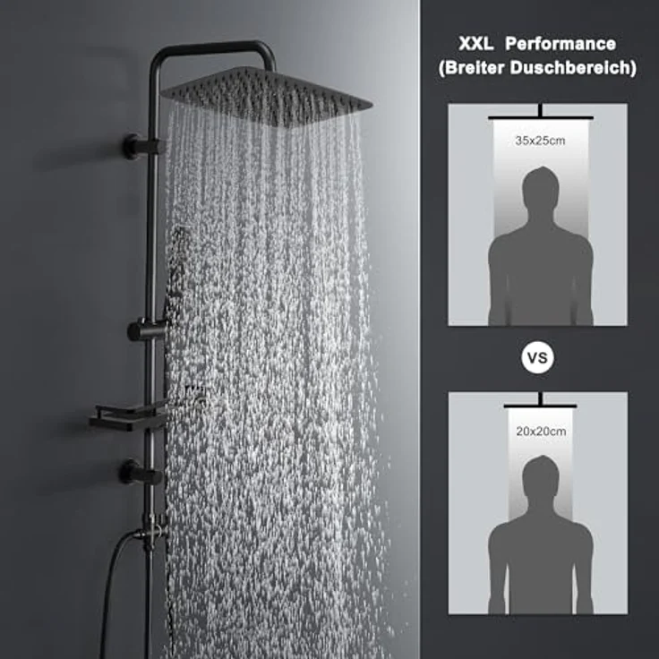 Görbach Regendusche Duschsystem, wassersparende Kopfbrause 35x25 cm, schwarz, Edelstahl mit Handbrause und flexibler Duschstange – Bild 2
