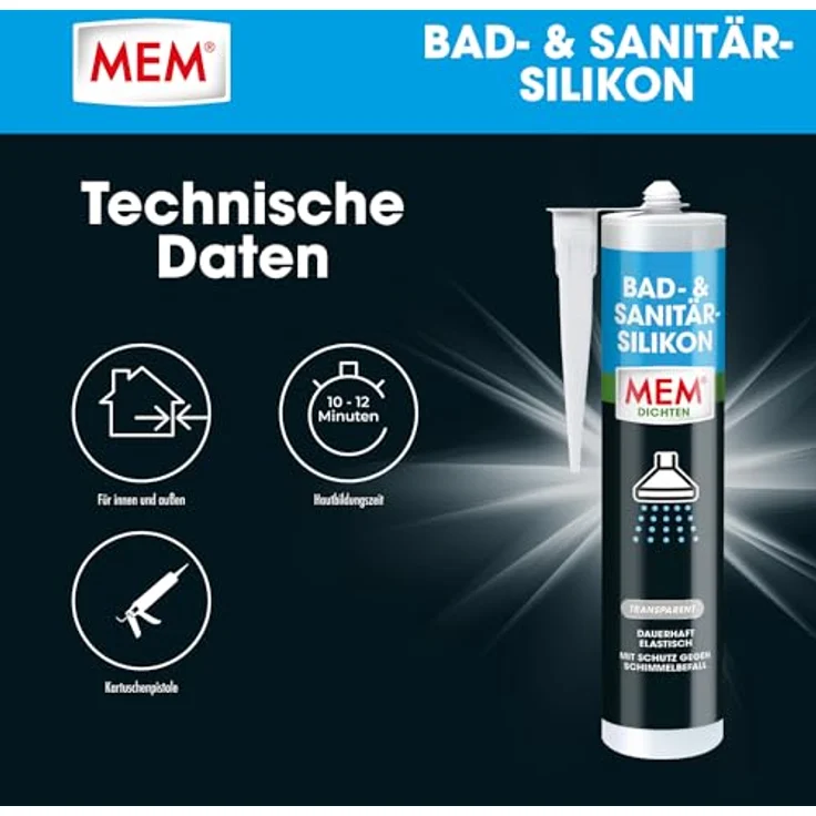 MEM Bad- & Sanitär-Silikon, Dauerhaft elastischer Silikon-Dichtstoff mit Schutz gegen Schimmelbefall, 300 ml Kartusche, Transparent – Bild 3