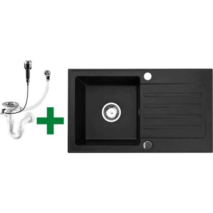 Faizee Möbel Granitspüle 76x44 Küchenspüle Eckig Spülbecken f. Unterschränke ab 45 cm inkl.Siphon Set (Schwarz, Armatur Klein Schwarz) – Bild 5