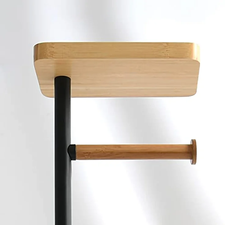 MSV Stand WC Garnitur WC Bürste Rollenhalter Toilettenbürste Klobürste Klopapierhalter aus Bambus Schwarz 4in1 mit Ablage für Feuchttücher und Smartphone Teiki – Bild 5