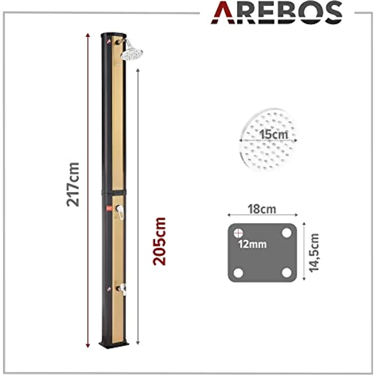 Arebos Solardusche 35 Liter, 216 cm, bis 60°C, inklusive Abdeckhaube, 40 Liter UV-beständiger PVC-Tank, Wassertemperatur-Regulierung, Fußdusche, Golden – Bild 6
