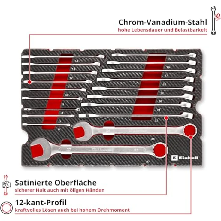 Einhell Werkzeugkoffer E-Case 370521, 19-teiliges Gabel-Ringschlüssel-Set aus Chrom-Vanadium-Stahl, Carbon-Optik – Bild 4