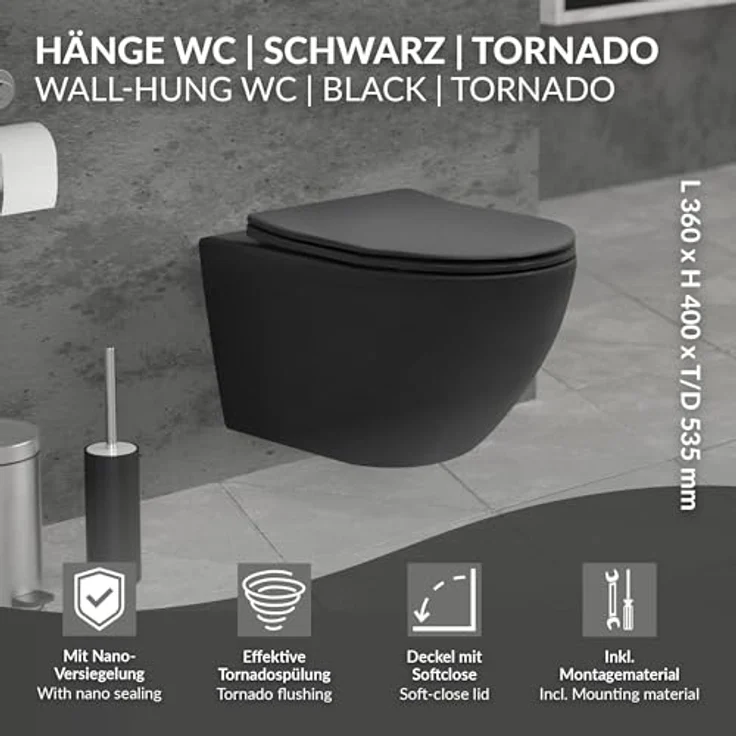 LuxeBath Wand WC Spülrandlos, Schwarz matt, Tiefspüler Keramik Hänge WC lang 53,5 cm, Toilette ohne Spülrand mit Nano Beschichtung, Tornadospülung, Kloschüssel Hängend mit WC-Sitz Absenkautomatik – Bild 2
