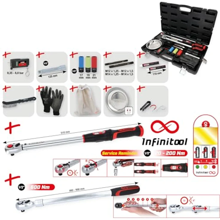 KS Tools 516.2450 MASTER Radwechsel-Service-Satz mit 1/2" INFINITOOL Ratschen-Drehmomentschlüssel, 20 – 200 Nm, 18-tlg., stabiler Kunststoffkoffer, inkl. Service-Reminder – Bild 2
