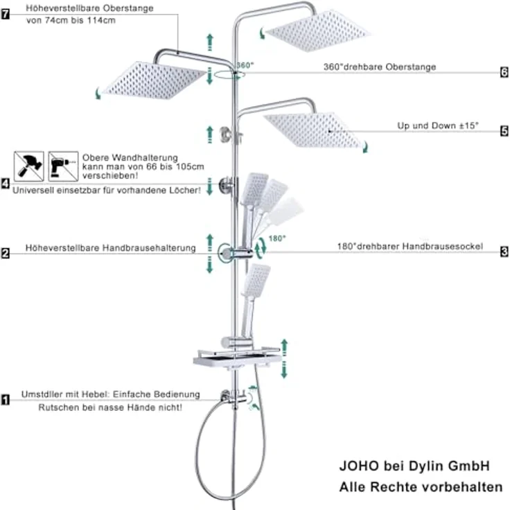 JOHO Edelstahl Duschsystem mit XXL-Regendusche 30x30 cm, ohne Armatur, verstellbare Duschstange und 3 Strahlarten, Chrom – Bild 5