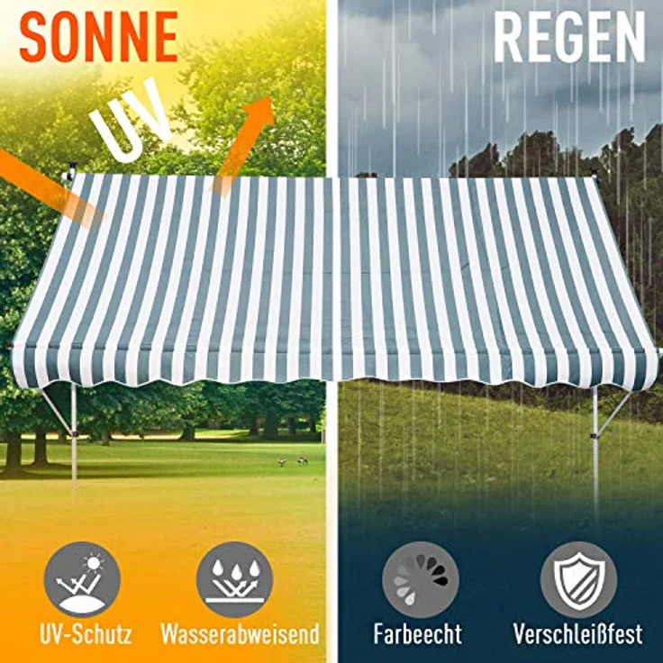 Outsunny Markise Gelenkarmmarkise Klemmmarkise Höhenverstellbar Sonnenschutz Faltarm Handkurbel Balkon Alu Grün+Weiß 300 x 150cm – Bild 4