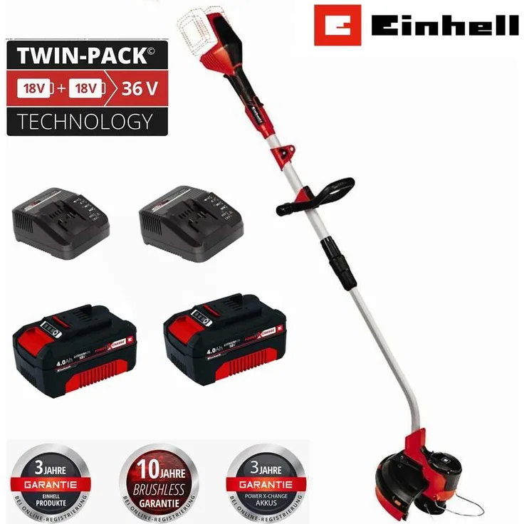 Einhell Akku-Rasentrimmer GE-CT 36/30 Li E-mit 2 x 18 V Akku 4-0 Ah + Ladegerät, Mitglied der Power X-Change Familie, elektronische Drehzahlregulierung, Flowerguard