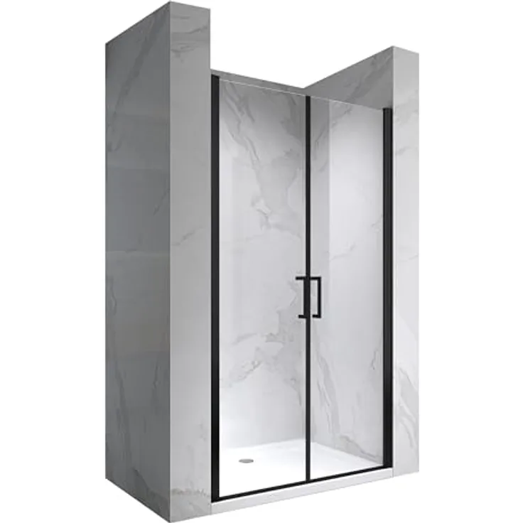 i-flair schwarze Duschtür 74-77 cm, 180 cm hoch, 6 mm Sicherheitsglas, Edelstahlgriffe, rahmenlos, magnetdichtend