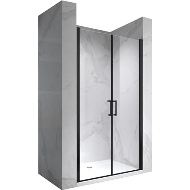 i-flair schwarze Duschtür 74-77 cm, 180 cm hoch, 6 mm Sicherheitsglas, Edelstahlgriffe, rahmenlos, magnetdichtend – Bild 1