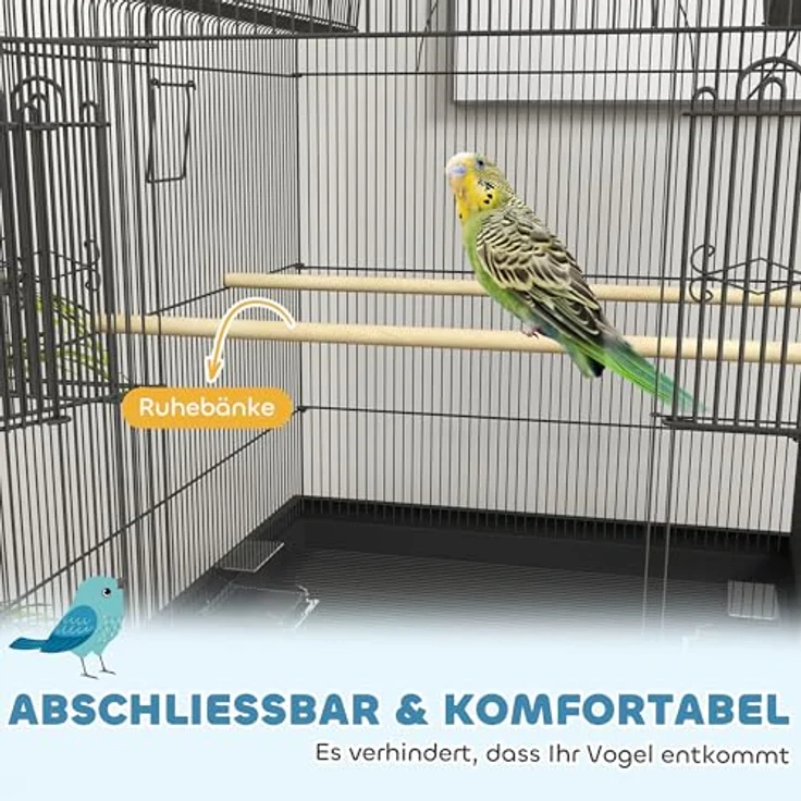 PawHut Vogelkäfig Wellensittichkäfig mit Tablett, Futterstation und Ablagefläche, Stahl Schwarz, 63 x 53 x 144 cm – Bild 3