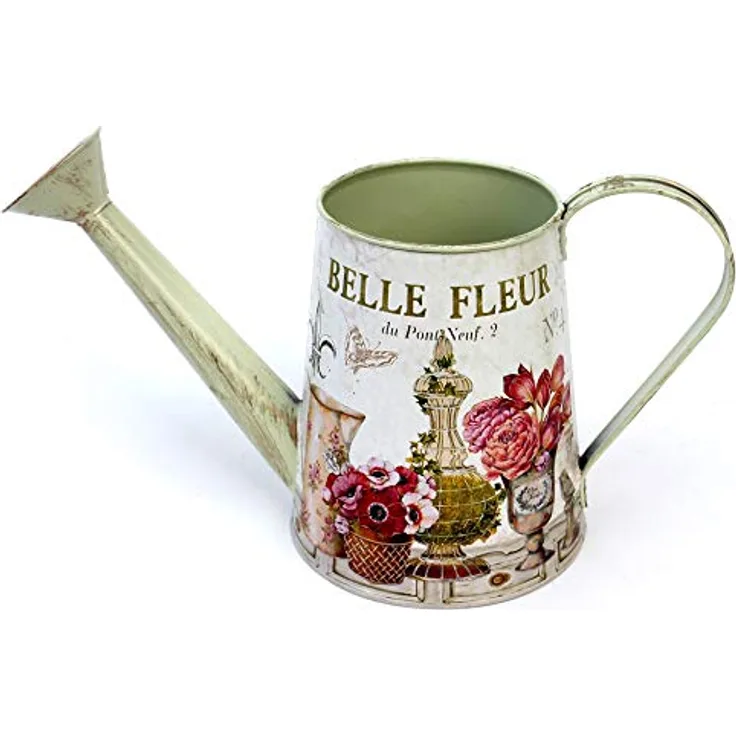 Ambiente Haus Fleur-Gießkanne, dekorative Metall-Gießkanne in antikem Creme mit Goldpinseleffekt, 1,3 L