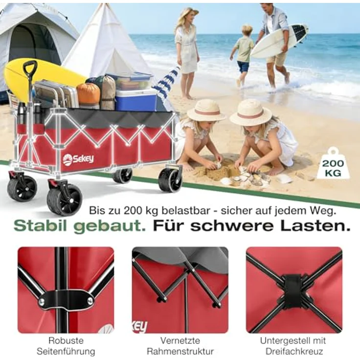 Sekey XXXL Bollerwagen Faltbar, 300L Fassungsvermögen, 200KG belastbar, 17x10 cm All-Terrain-Räder, patentierter 4-Wege-Sofortaufbau, Rot mit Grau – Bild 5