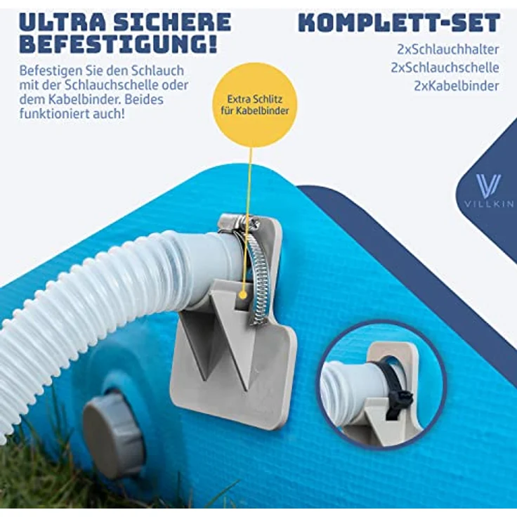 Villkin Poolschlauchhalter 2er-Set, Inkl. 2 Schlauchschellen & 2 Kabelbinder, Schutz für Poolschläuche (26-38mm), kompatibel mit Intex & Bestway – Bild 6