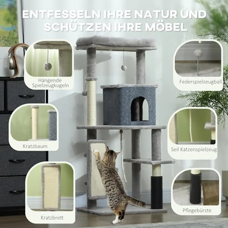 PawHut Kratzbaum 132 cm Katzenbaum mit Katzenhöhle, Spielball, Sisal-Kratzsäulen, für Katzen bis 6 kg, Hellgrau – Bild 4