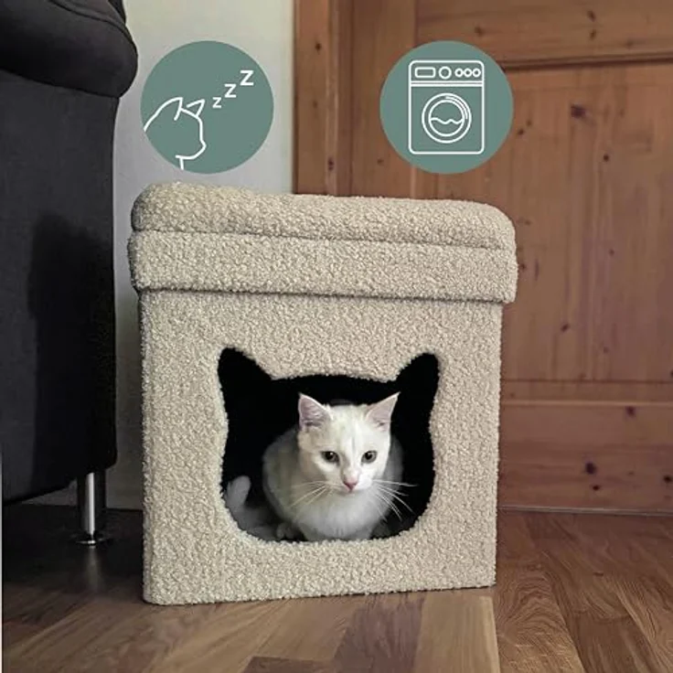 hjh LIVING Pawy Es Katzenbett + Hundebett, eckige Katzenhöhle mit Katzenkopfform, faltbares Design, Bouclé-Stoff, abnehmbares Teddy-Kissen – Bild 3