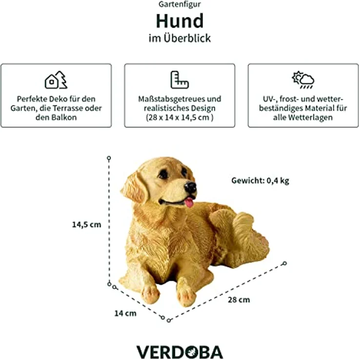 VERDOBA Deko Figur Hund, wetterfeste Gartenfigur aus Polyresin, Golden Retriever, 26,7 x 17,5 x 16,3 cm, handbemalt – Bild 2