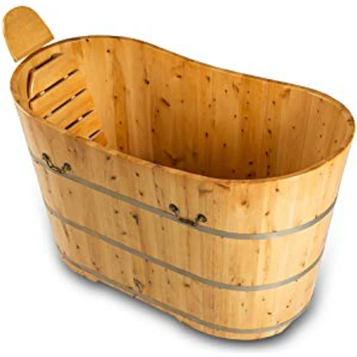 DEKO VERTRIEB BAYERN XXL Luxus freistehende Holz-Badewanne 150cm aus rotem Zedernholz, pflegeleichte Oberfläche, inklusive Ablaufgarnitur und Hygienesiegel, Abmessungen 150 x 62 x 85 cm – Bild 4