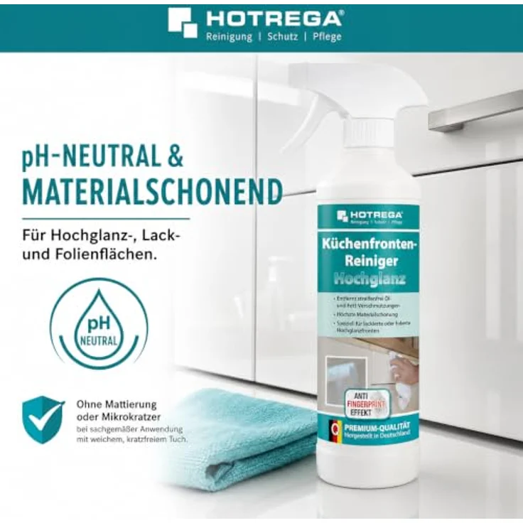 HOTREGA® Küchenfronten Reiniger, Hochglanz-Oberflächen 500ml mit Anti-Fingerprint Effekt inkl. Microfasertuch – Bild 4