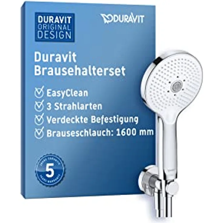Duravit Universal Brausehalterset, wassersparende Handbrause rund ((Ø 120 mm), Wandanschlussbogen, flexibler Brauseschlauch, Chrom