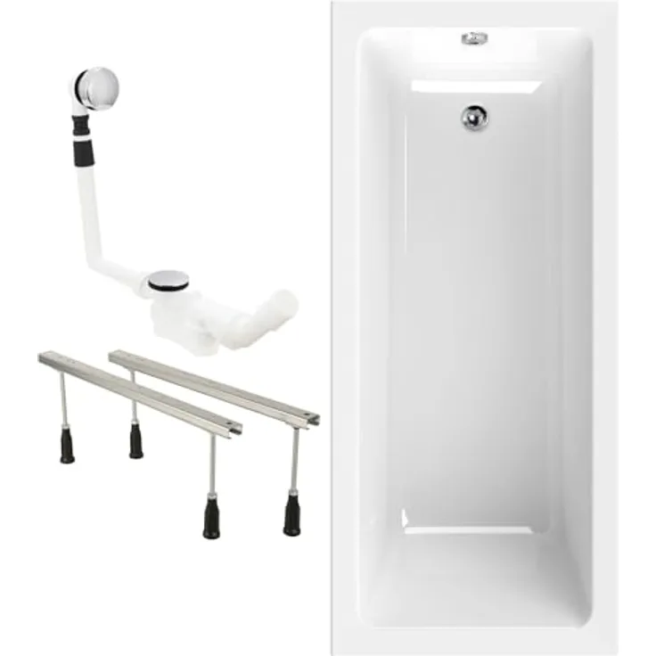 Calmwaters Rechteck Badewannen-Set 170x75 cm, Made in EU, Acrylwanne Modern Square, Körperformwanne, Weiß